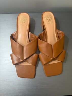Vince Camuto Tan Leather Crisscross Slide Mules